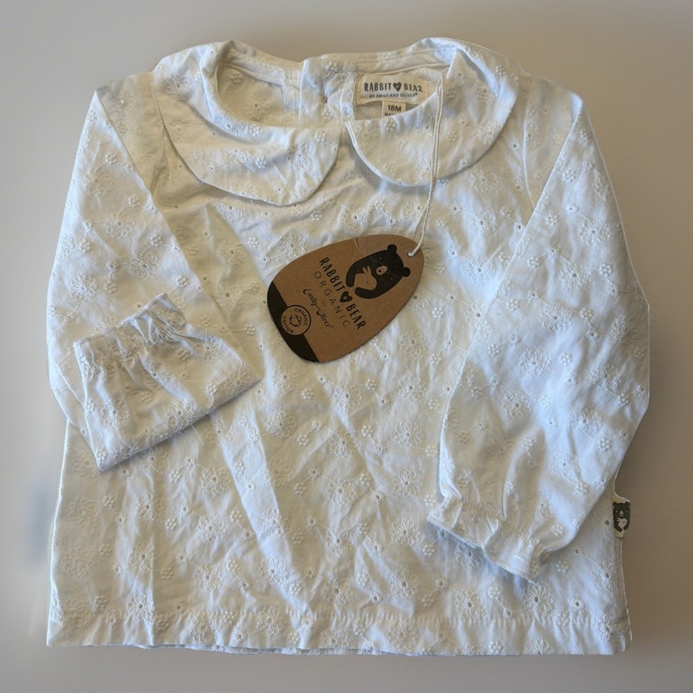 Rabbit Bear Organic Long Sleeve Shirt Toddler 18M Eyelet Gauze Blouse Girl Top